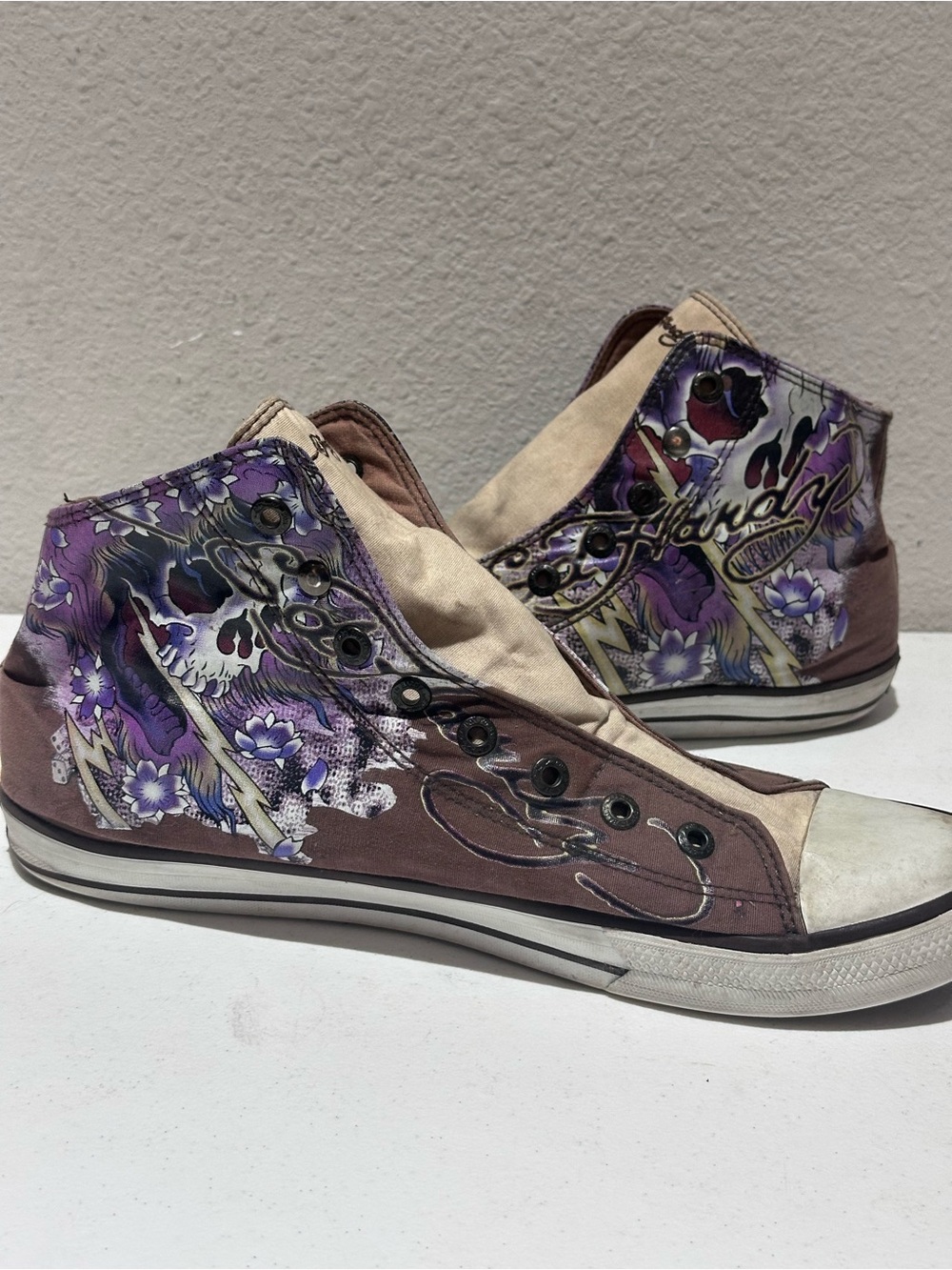 Ed Hardy vintage slip on high top sneakers skull lightning cherry blossoms sz 13